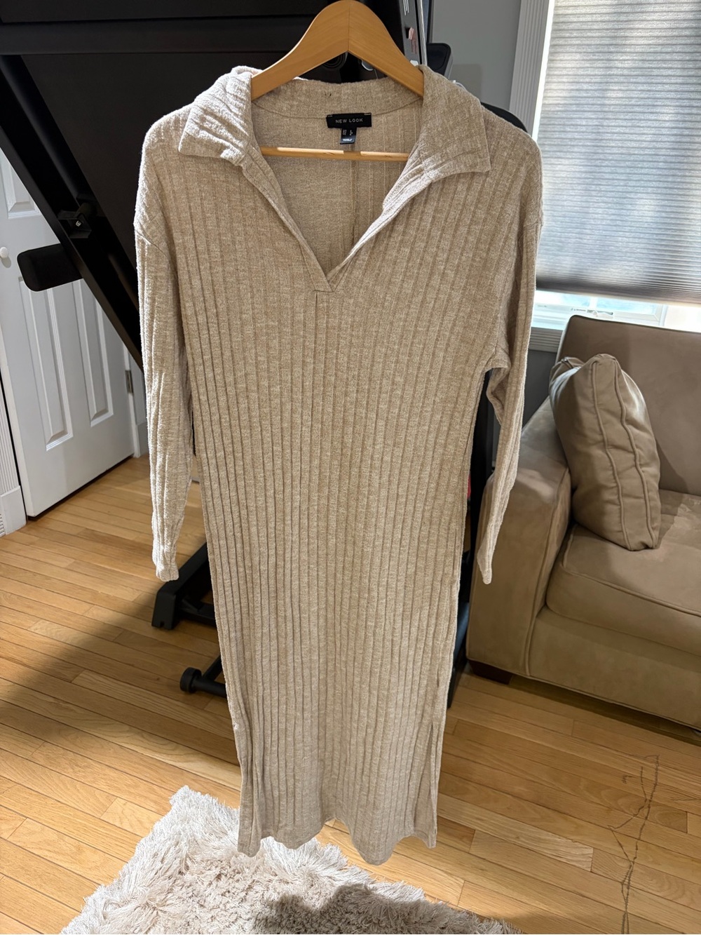 New Look Ribbed Collared Midi Dress - Beige